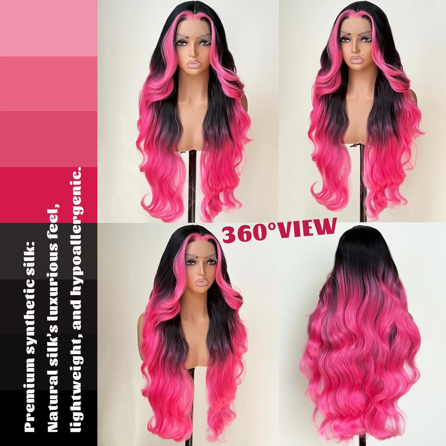 Hot Pink stripe Lace Front Wig Synthetic Wig Black and Hot Pink Highlight Body Wave HD Lace Frontal Glueless Pre Plucked Bleached Knots Skunk Stripe 30 Inch