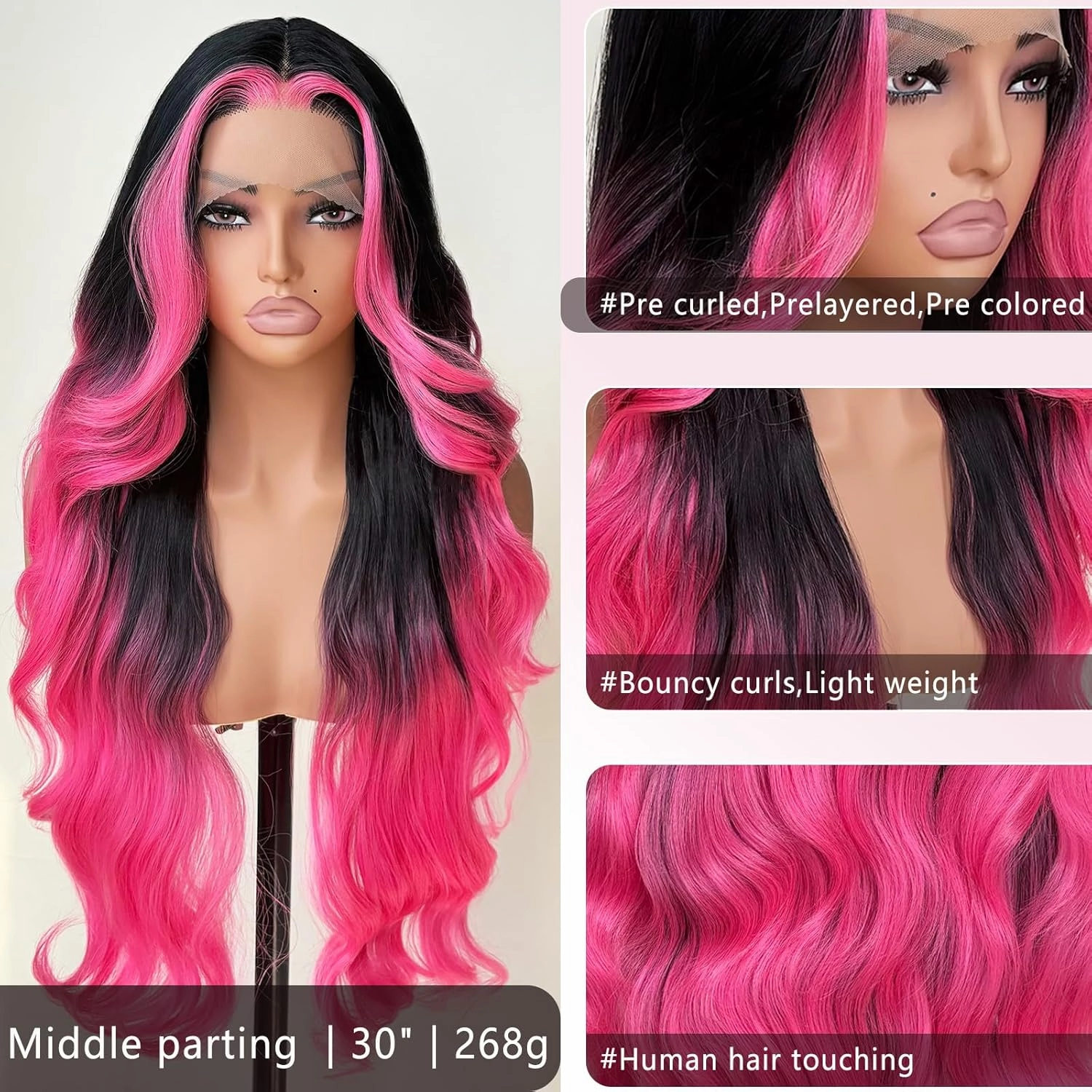 Hot Pink stripe Lace Front Wig Synthetic Wig Black and Hot Pink Highlight Body Wave HD Lace Frontal Glueless Pre Plucked Bleached Knots Skunk Stripe 30 Inch