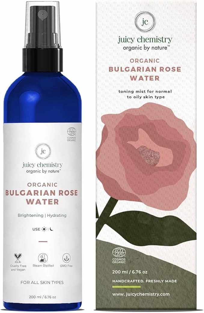 HR Juicy Chemistry. Organic Rose Water (Hydrosol), 200 ml | Face Toner for Glowing, Brighter and Hydrated Skin | Made with Bulgarian Damask Roses - Clinically Tested