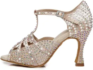 HROYL Women Rhinestone Dance Shoes for Latin Salsa Waltz Ballroom T-Strap High Heel Dance Shoes,YCL431