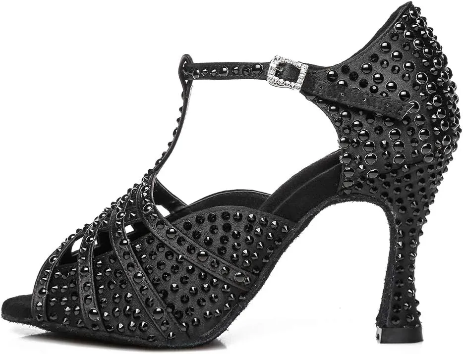 HROYL Women Rhinestone Dance Shoes for Latin Salsa Waltz Ballroom T-Strap High Heel Dance Shoes,YCL431