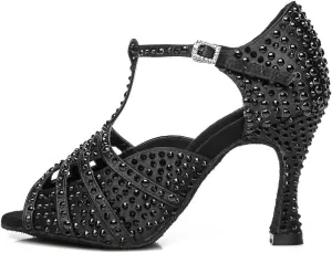 HROYL Women Rhinestone Dance Shoes for Latin Salsa Waltz Ballroom T-Strap High Heel Dance Shoes,YCL431
