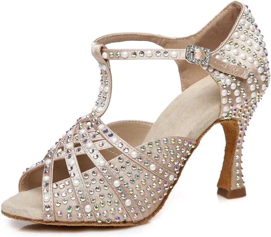 HROYL Women Rhinestone Dance Shoes for Latin Salsa Waltz Ballroom T-Strap High Heel Dance Shoes,YCL431