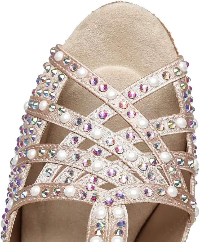 HROYL Women Rhinestone Dance Shoes for Latin Salsa Waltz Ballroom T-Strap High Heel Dance Shoes,YCL431