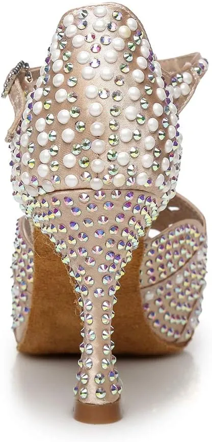 HROYL Women Rhinestone Dance Shoes for Latin Salsa Waltz Ballroom T-Strap High Heel Dance Shoes,YCL431