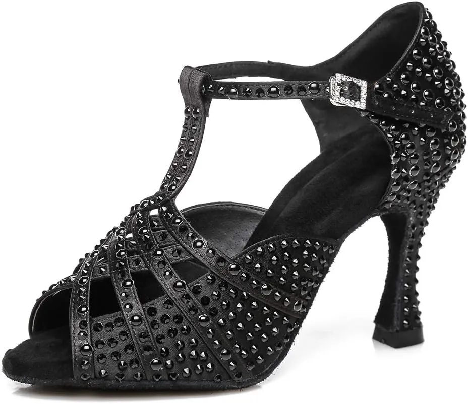 HROYL Women Rhinestone Dance Shoes for Latin Salsa Waltz Ballroom T-Strap High Heel Dance Shoes,YCL431