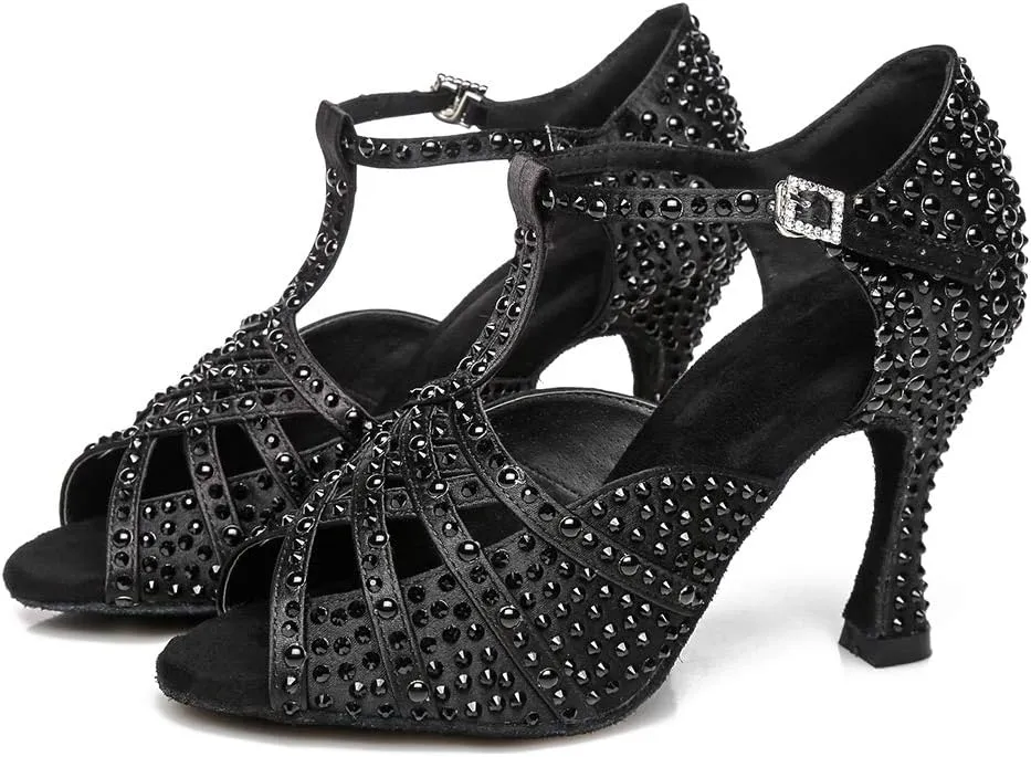 HROYL Women Rhinestone Dance Shoes for Latin Salsa Waltz Ballroom T-Strap High Heel Dance Shoes,YCL431