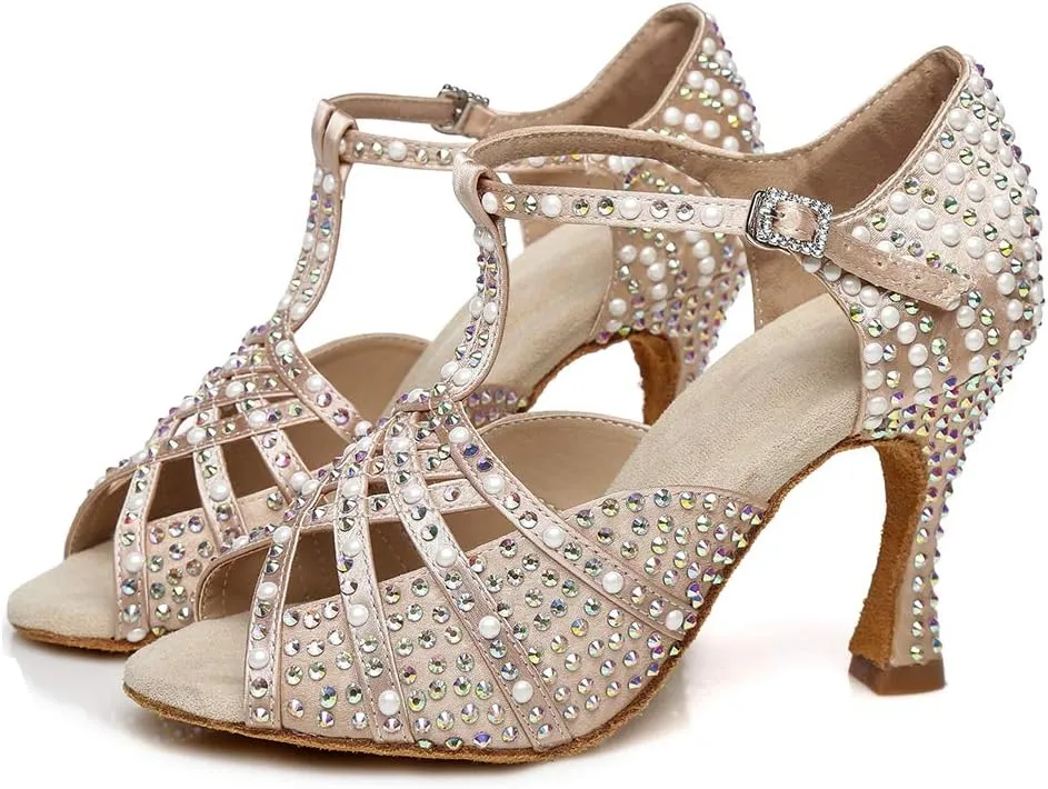 HROYL Women Rhinestone Dance Shoes for Latin Salsa Waltz Ballroom T-Strap High Heel Dance Shoes,YCL431