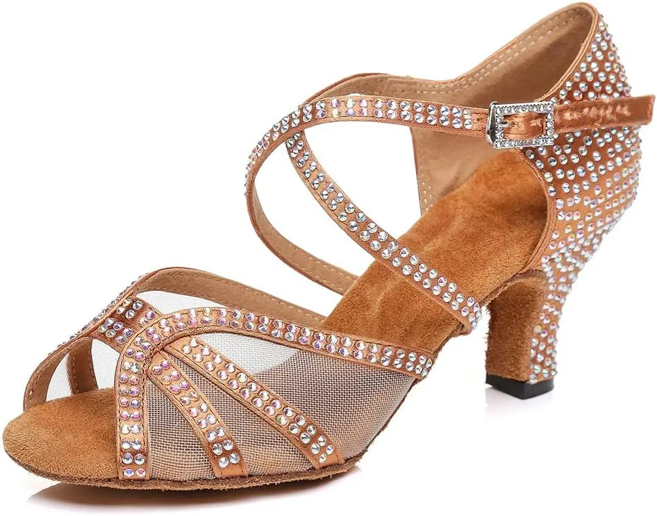 HROYL Women Rhinestone Dance Shoes Latin Ballroom Performence High Heel Dance Heels,YCL424