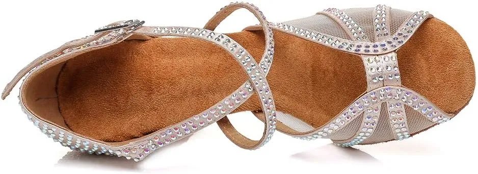 HROYL Women Rhinestone Dance Shoes Latin Ballroom Performence High Heel Dance Heels,YCL424