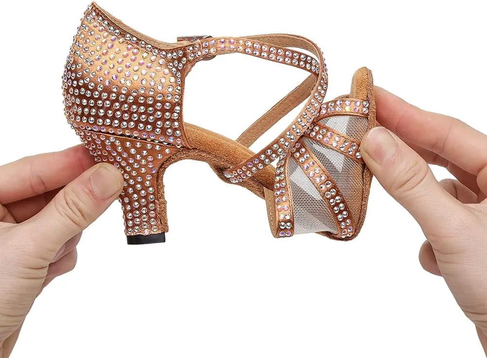 HROYL Women Rhinestone Dance Shoes Latin Ballroom Performence High Heel Dance Heels,YCL424