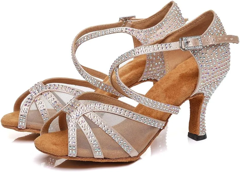 HROYL Women Rhinestone Dance Shoes Latin Ballroom Performence High Heel Dance Heels,YCL424