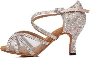 HROYL Women Rhinestone Dance Shoes Latin Ballroom Performence High Heel Dance Heels,YCL424