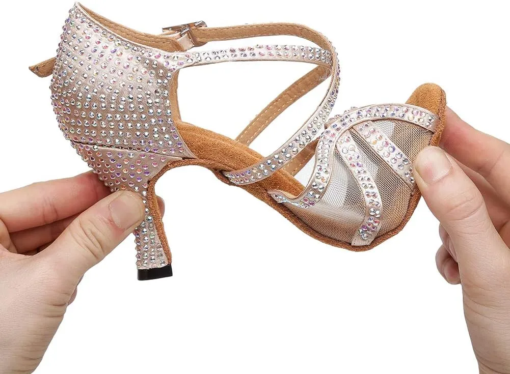 HROYL Women Rhinestone Dance Shoes Latin Ballroom Performence High Heel Dance Heels,YCL424