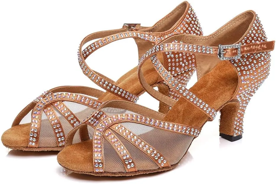 HROYL Women Rhinestone Dance Shoes Latin Ballroom Performence High Heel Dance Heels,YCL424