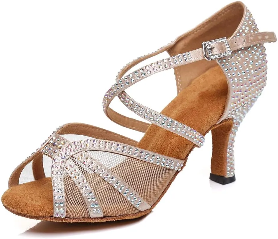 HROYL Women Rhinestone Dance Shoes Latin Ballroom Performence High Heel Dance Heels,YCL424