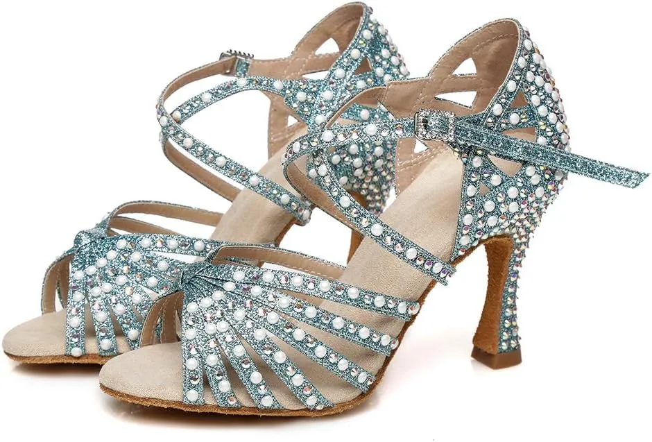HROYL Women's Rhinestone Latin Dance Shoes Salsa Ballroom Performence Wedding Party Dance Heels,YCL429