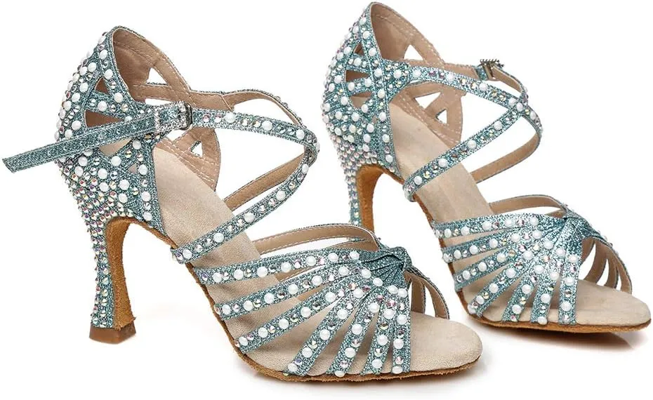 HROYL Women's Rhinestone Latin Dance Shoes Salsa Ballroom Performence Wedding Party Dance Heels,YCL429