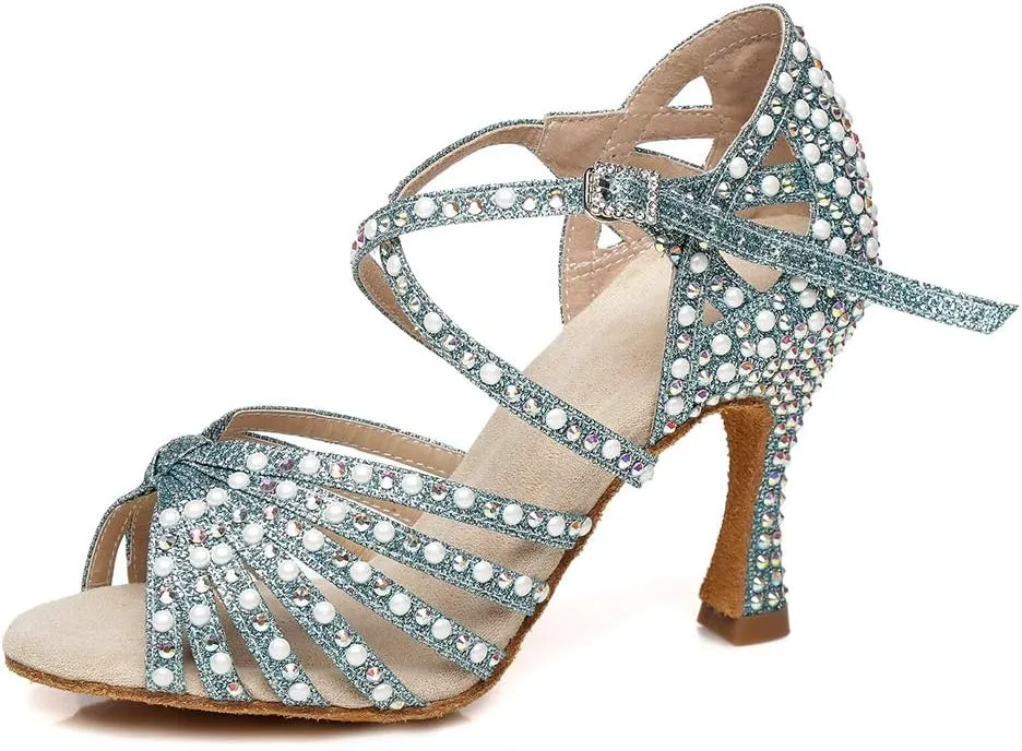 HROYL Women's Rhinestone Latin Dance Shoes Salsa Ballroom Performence Wedding Party Dance Heels,YCL429