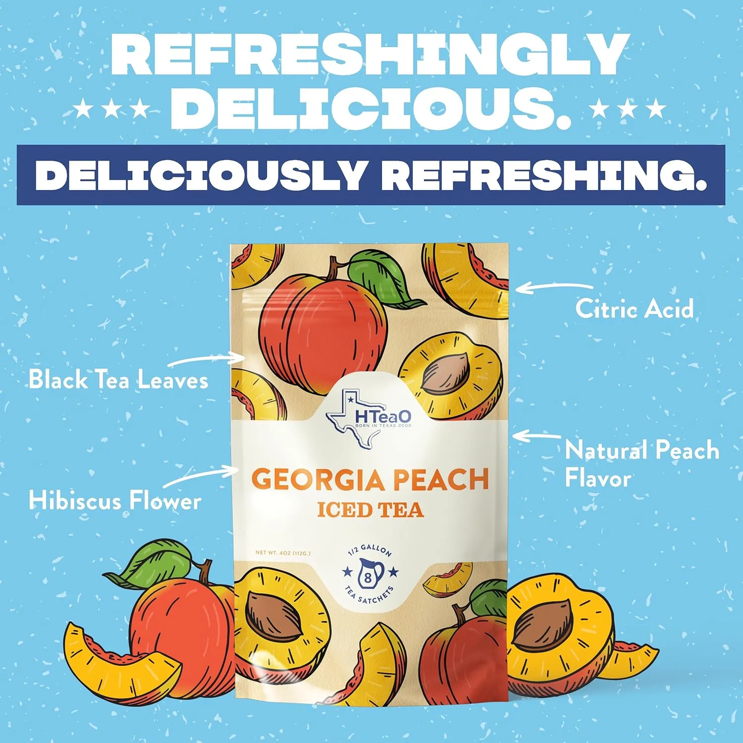 HTeaO Georgia Peach Black Tea – Texas-Style Flavored Iced Tea Bags for Summer – Instant Ice Tea Packets for Quick Brew - Loaded Tea Sachets Ready in 5 Minutes (16-Count, Makes 8 Gallons Total)
