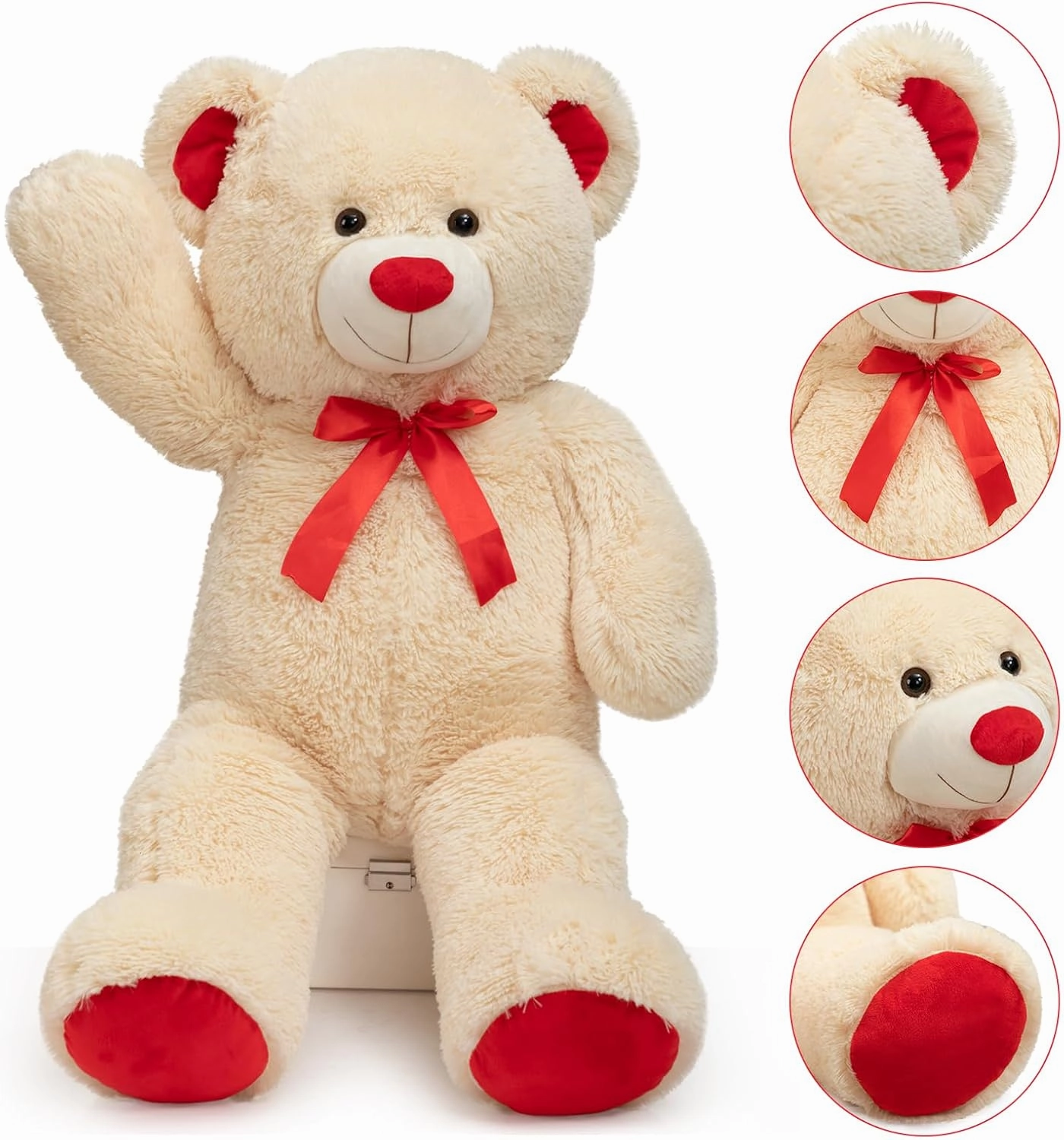 Huge Teddy Bear Stuffed Animal Giant Teddy Bear Plush with Red Ribbon Bow Day Plush Toy Gift for Girlfriend and Kids 36 inch Beige