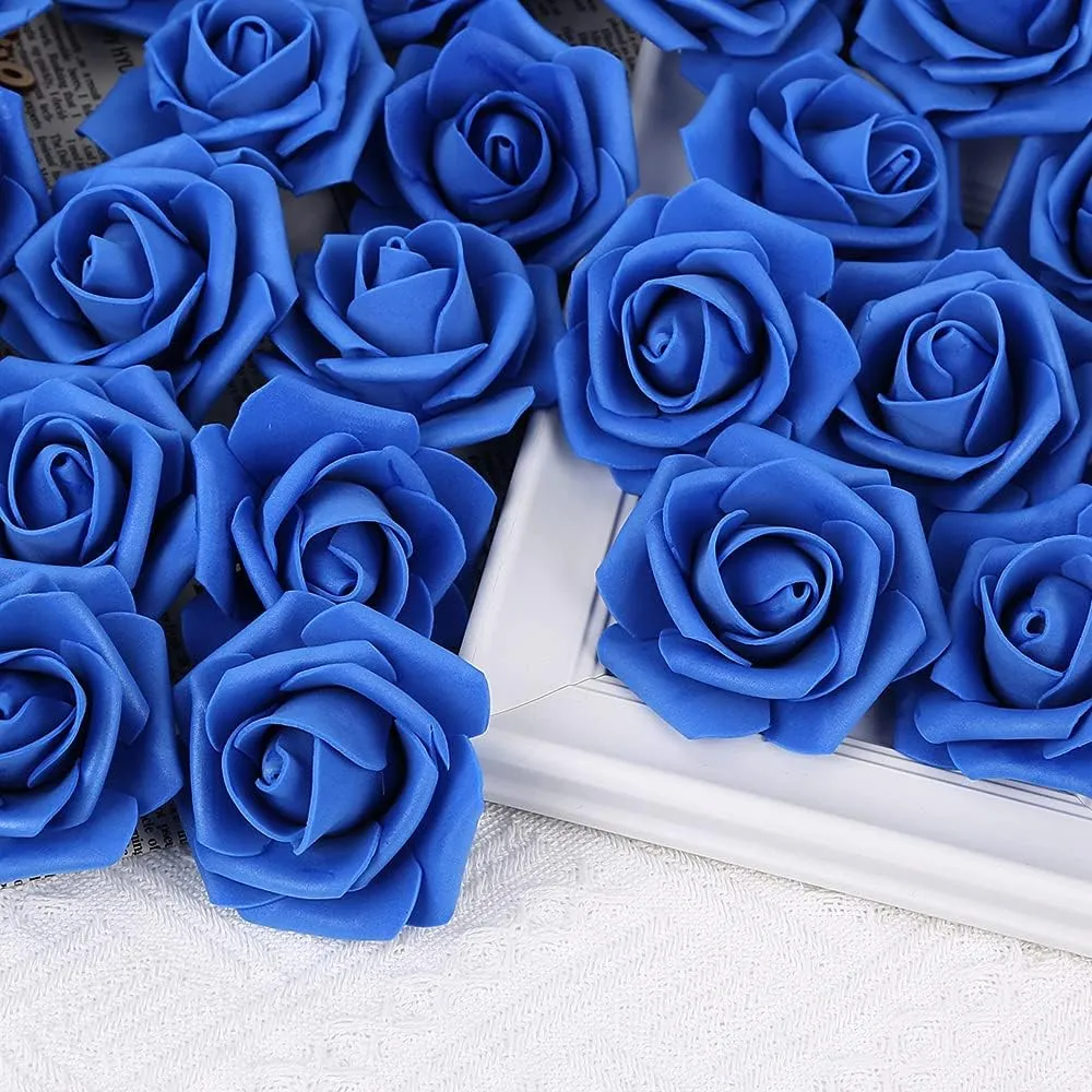 IPOPU Artificial Flowers Roses Heads, 100 Pcs Faux Flowers Real Looking Blue Foam Fake Roses for DIY Crafts Wedding Bouquets Arrangements Party Home Decorations (Royal Blue)