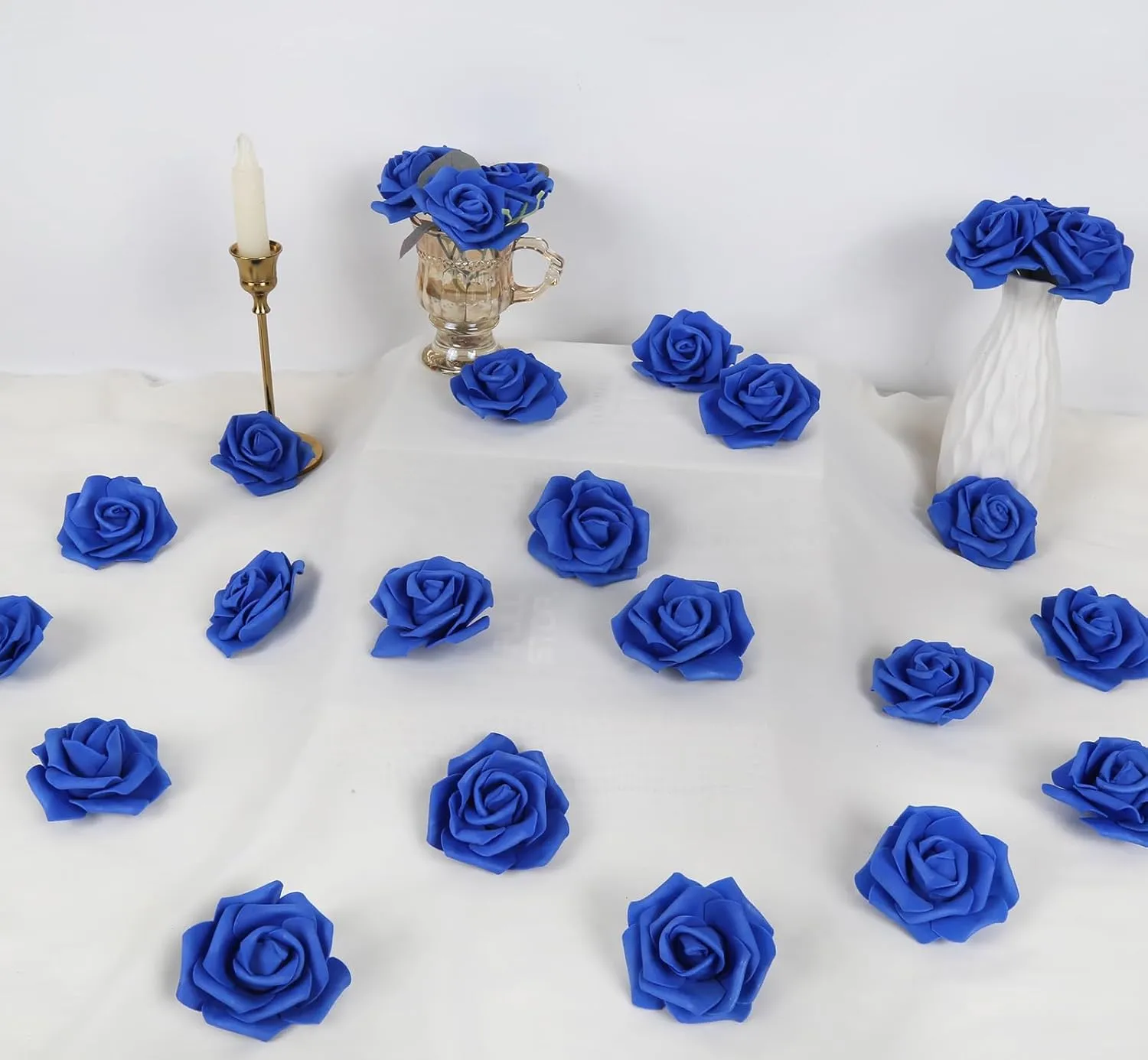 IPOPU Artificial Flowers Roses Heads, 100 Pcs Faux Flowers Real Looking Blue Foam Fake Roses for DIY Crafts Wedding Bouquets Arrangements Party Home Decorations (Royal Blue)