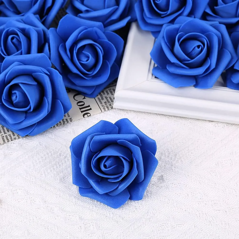 IPOPU Artificial Flowers Roses Heads, 100 Pcs Faux Flowers Real Looking Blue Foam Fake Roses for DIY Crafts Wedding Bouquets Arrangements Party Home Decorations (Royal Blue)