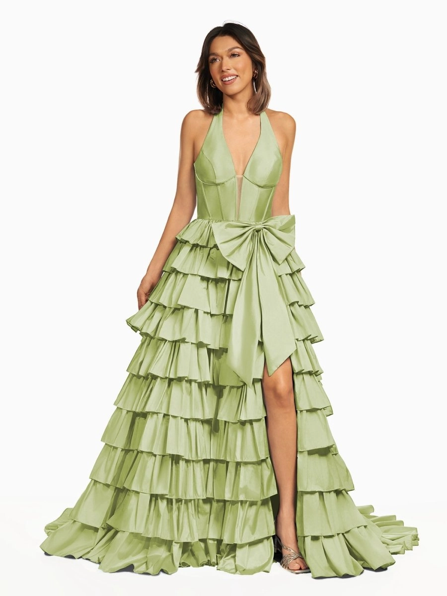 Iridium | Halter A-Line Blue Satin Long Ruffled Prom Dress With Slit