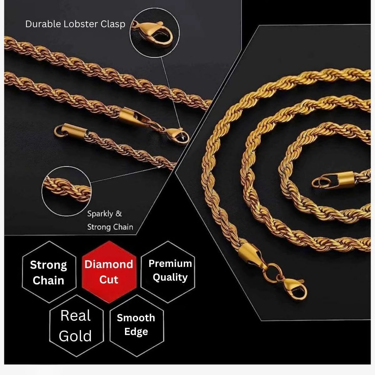 Italian 14K Solid Yellow Gold Rope Chain Necklace for Men & Women Radiant Diamond Cut with Lobster Claw Clasp 14K Real Gold Jewelry Gifts (1.5mm, 2mm, 2.3mm, 2.5mm, 3mm, 3.5mm, 4mm)
