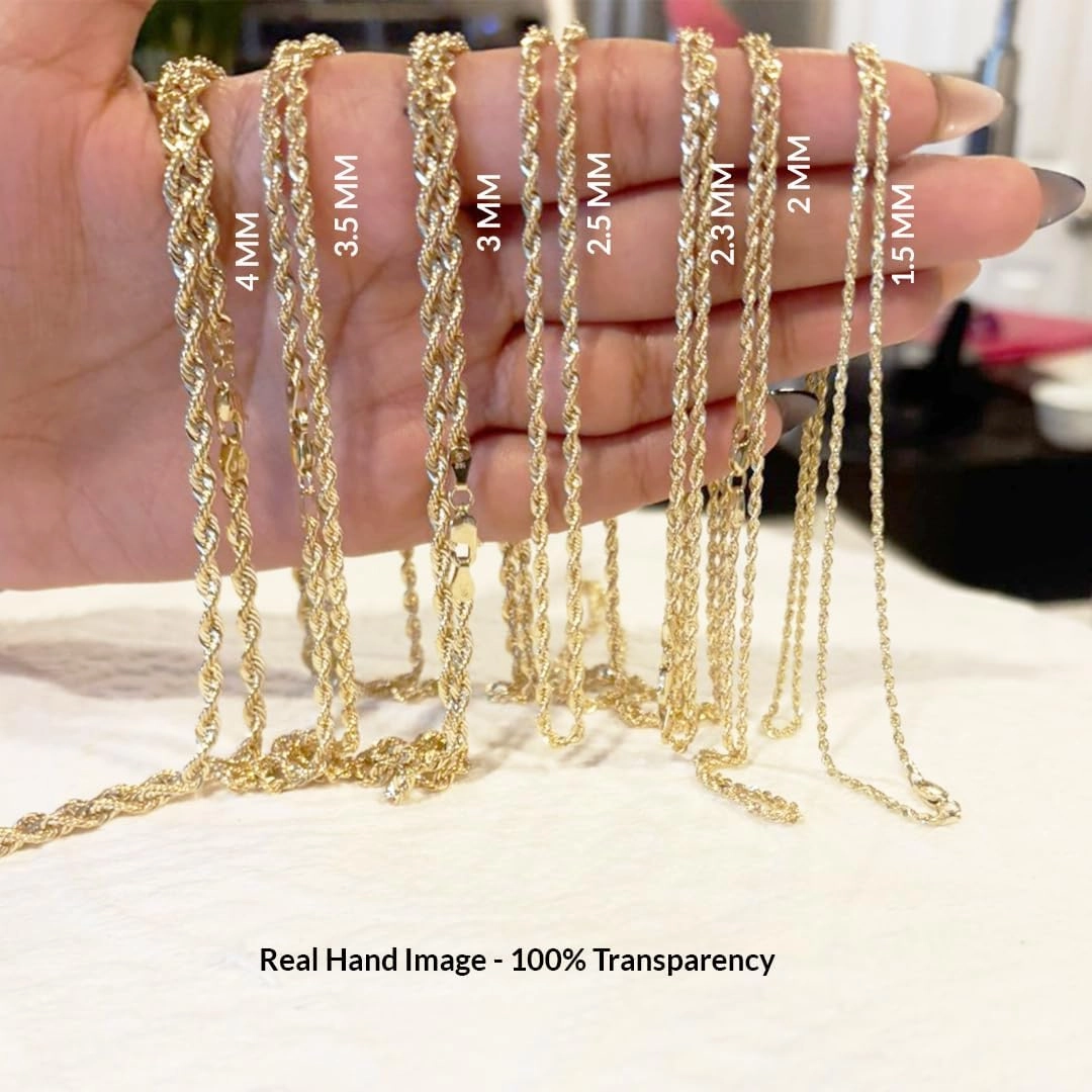 Italian 14K Solid Yellow Gold Rope Chain Necklace for Men & Women Radiant Diamond Cut with Lobster Claw Clasp 14K Real Gold Jewelry Gifts (1.5mm, 2mm, 2.3mm, 2.5mm, 3mm, 3.5mm, 4mm)