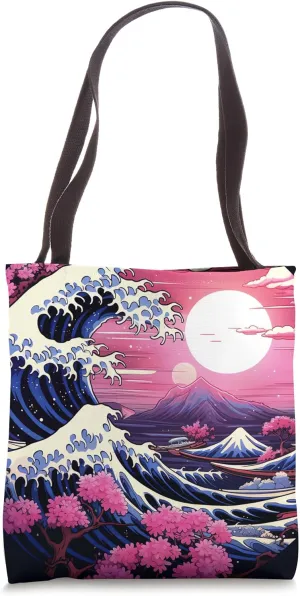 Japanese Flowers Waltz Waves and Petals in Harmonious Fusion Tote Bag