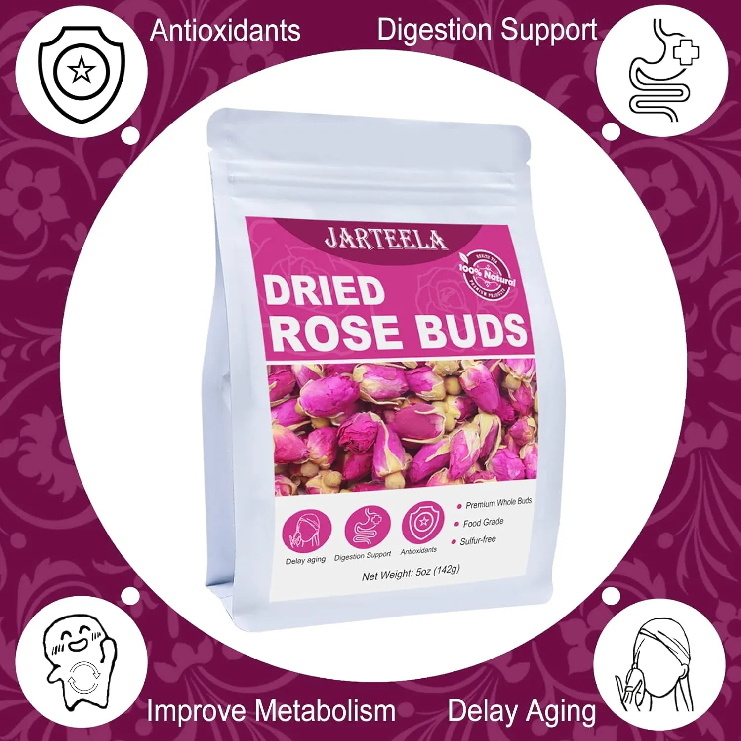 Jarteela - Premium Dried Rose Buds - 5oz/142g - Natural Food-grade Red Rosebud Flowers Bulk - Non-GMO - Caffeine-free - Perfect For Tea, Baking, DIY Candle/Soap