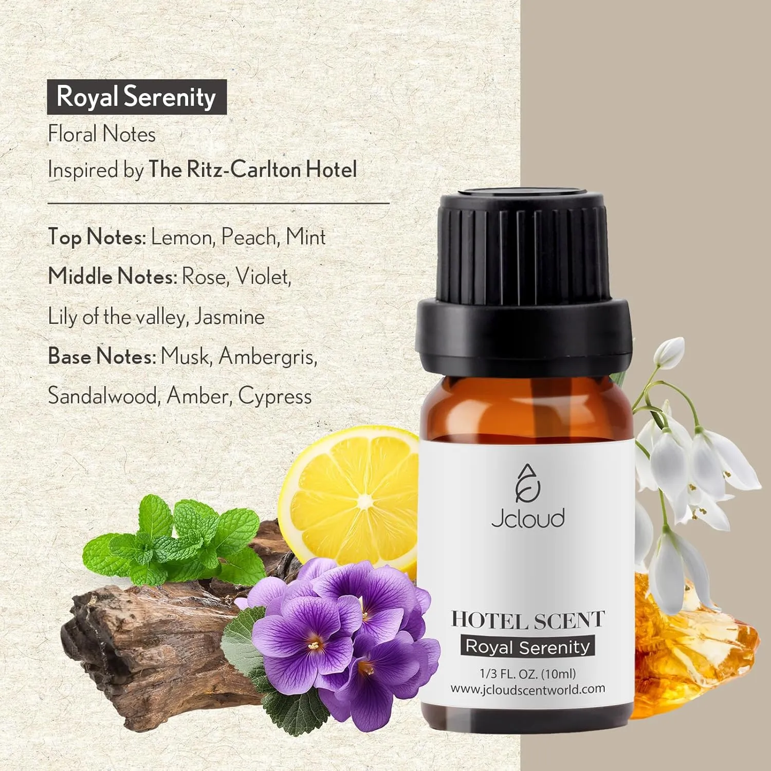 JCLOUD Royal Serenity Essential Oil - Inspired by Ritz-Carlton Hotel Scent - Pure Aromatherapy Diffuser Oil with Lemon, Jasmine and Amber, Home Luxury Scents - 10mL