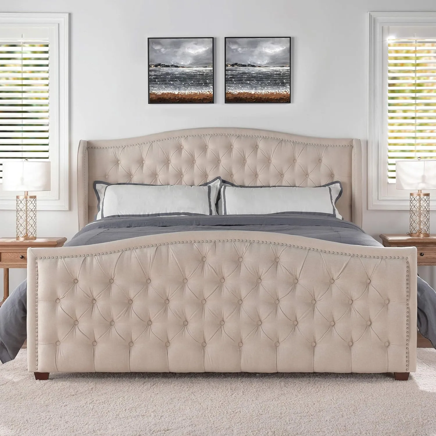 Jennifer Taylor Home Marcella Upholstered Shelter Headboard Bed Set, King, Sky Neutral Beige Polyester