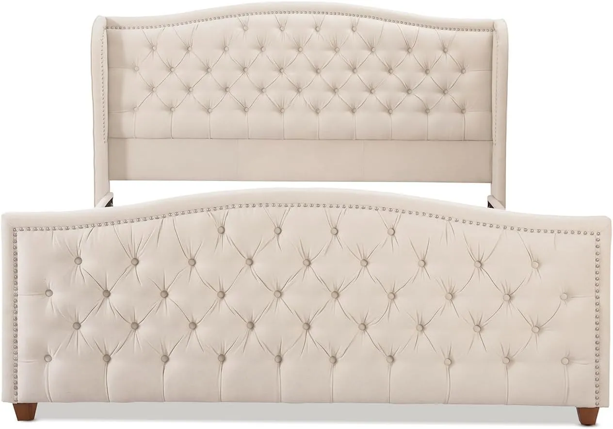 Jennifer Taylor Home Marcella Upholstered Shelter Headboard Bed Set, King, Sky Neutral Beige Polyester