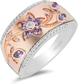 Jewelili Enchanted Disney Fine Jewelry Sterling Silver and 10K Rose Gold with 1/8 CTTW Diamond and Rose De France Rapunzel Ring