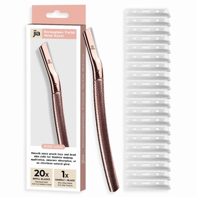 Jia Dermaplane Facial Metal Razor with 20 Blades, Rose Gold - Eyebrow Trimmer & Face Shaver for Women and Men, Peach Fuzz & Dead Skin Cell Removal Tool