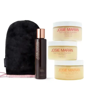 Josie Maran Radiant Glow Duo - Argan Liquid Gold Self Tanning Oil (4.3 Fl Oz) & Argan Sugar Body Scrub Trio (3 Count) - Buildable Tan & Exfoliated Skin