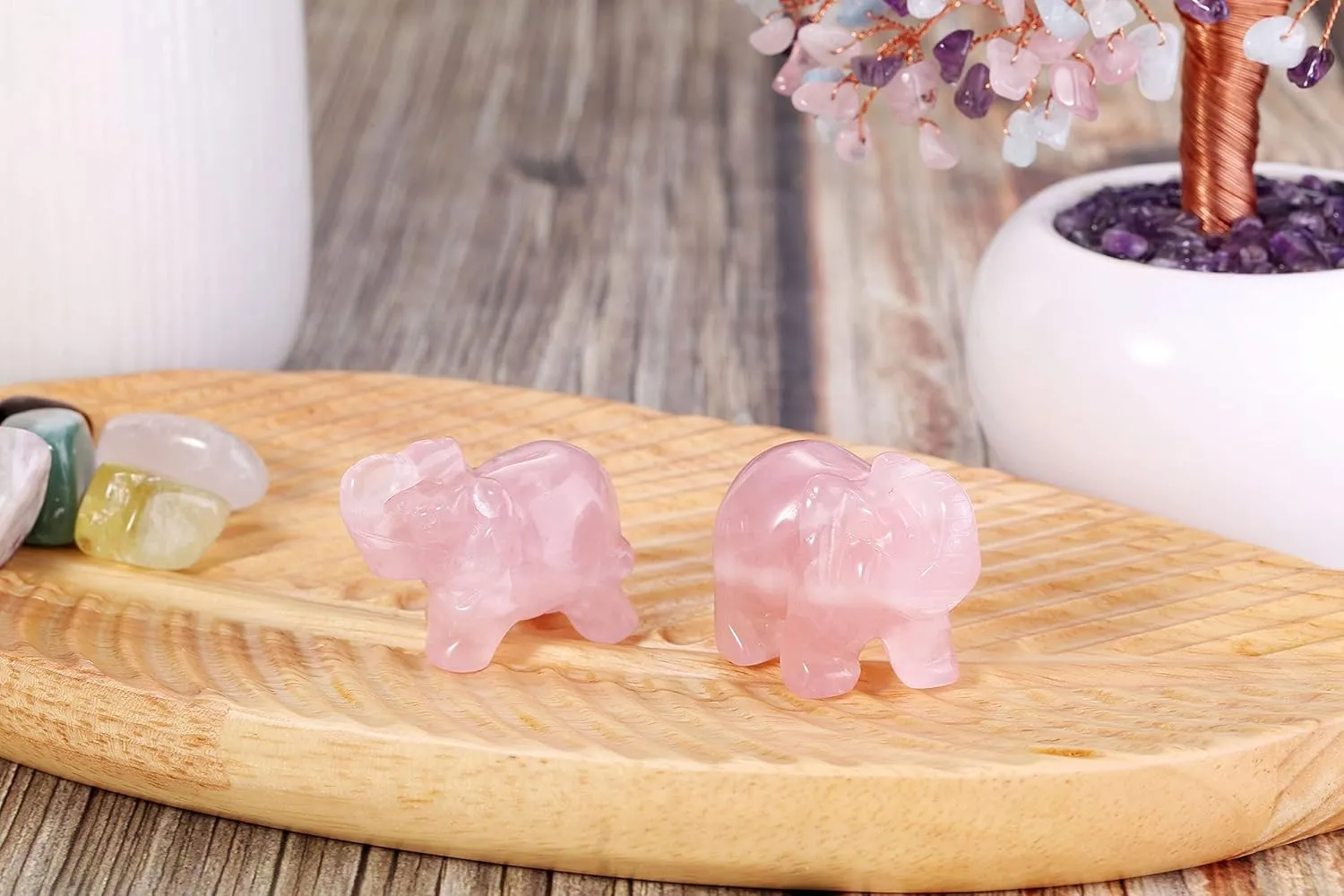 Jovivi 2pcs Natural Carved Rose Quartz Gemstones Healing Crystal Elephant Figurines Statues 1.5'' Hoom Room Desk Decorations