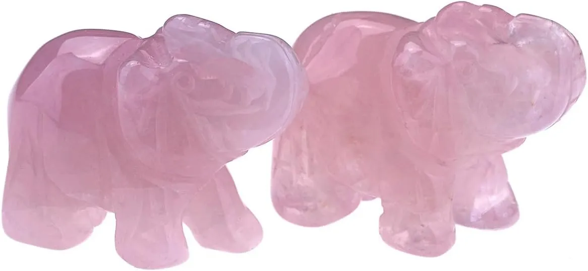 Jovivi 2pcs Natural Carved Rose Quartz Gemstones Healing Crystal Elephant Figurines Statues 1.5'' Hoom Room Desk Decorations