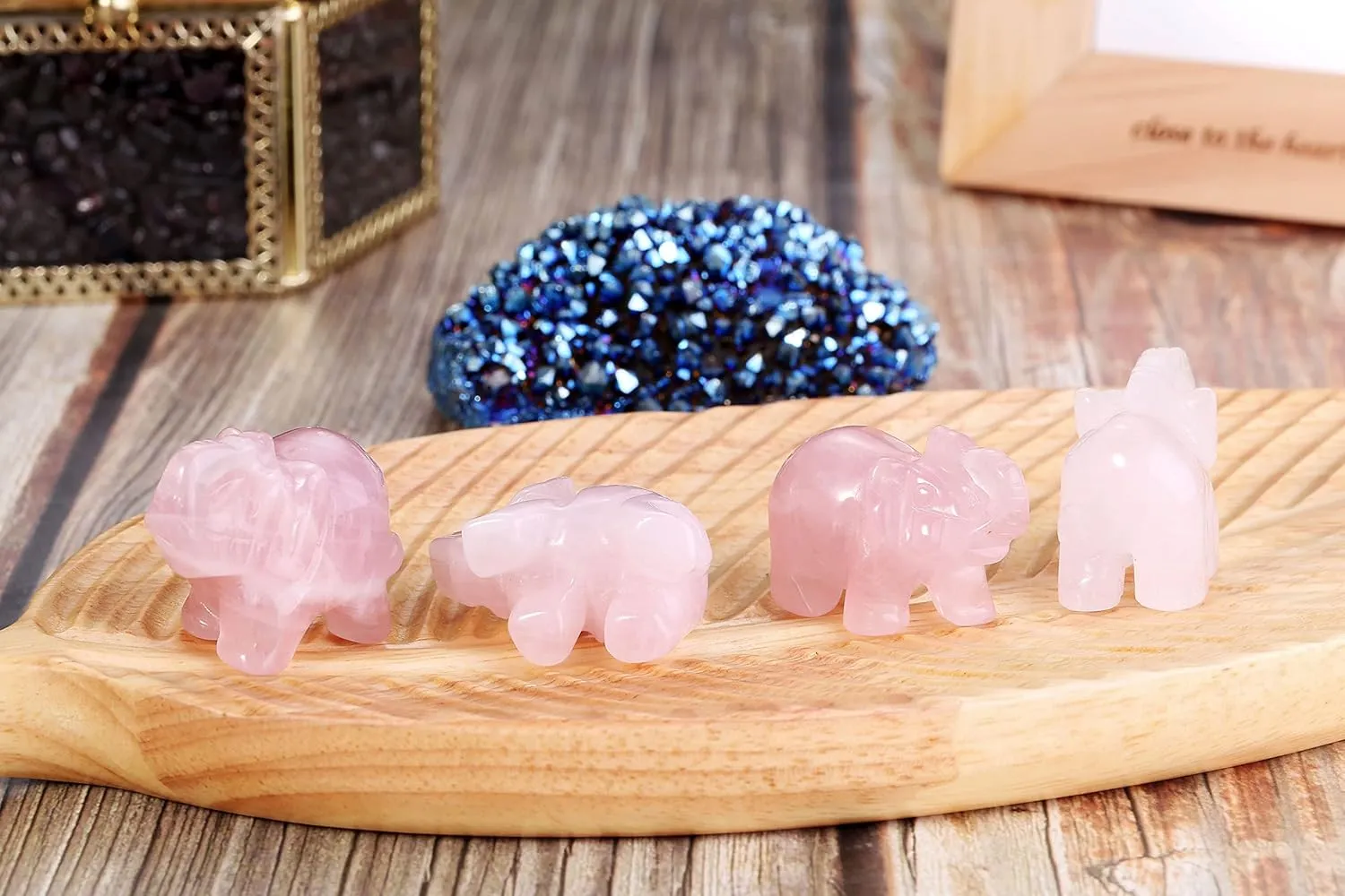 Jovivi 2pcs Natural Carved Rose Quartz Gemstones Healing Crystal Elephant Figurines Statues 1.5'' Hoom Room Desk Decorations