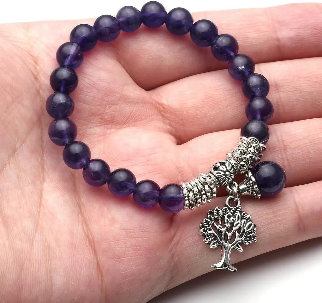 Jovivi 8MM Purple Amethyst Natural Gemstone Life Tree Lucky Charm Stretch Bracelet