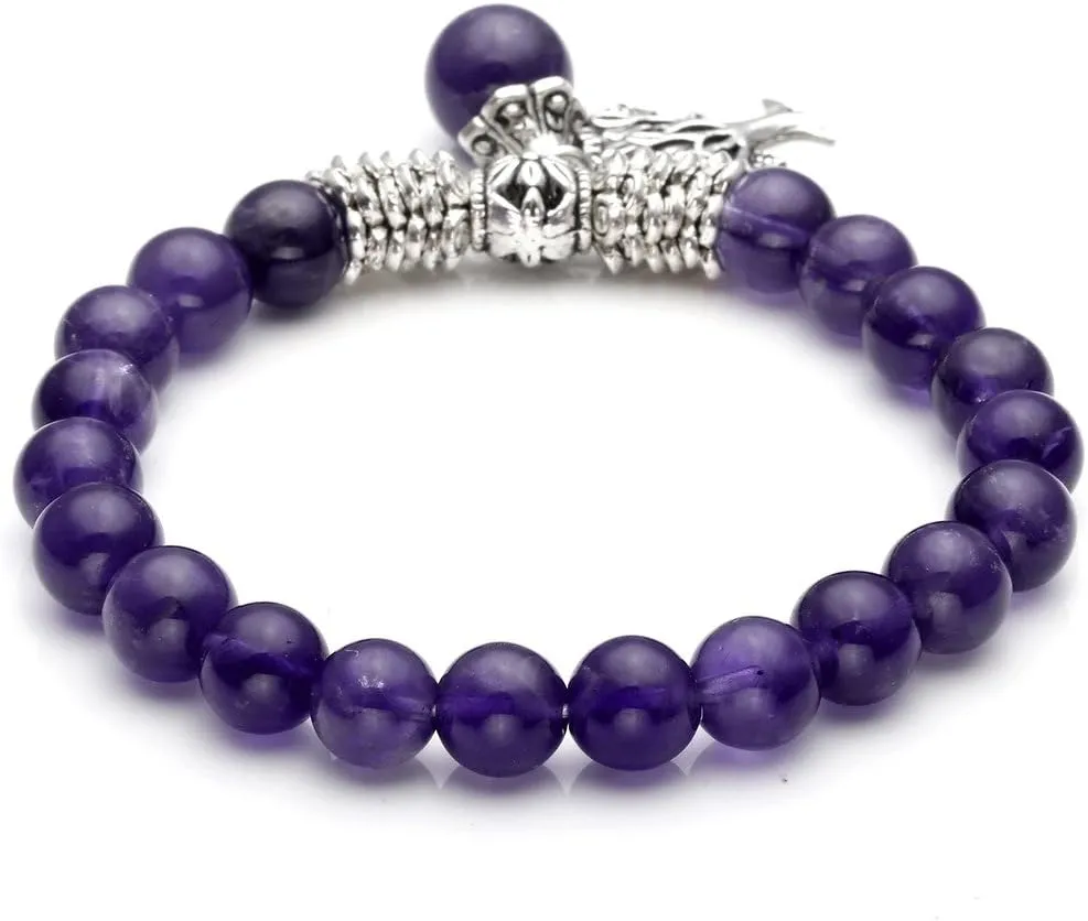 Jovivi 8MM Purple Amethyst Natural Gemstone Life Tree Lucky Charm Stretch Bracelet