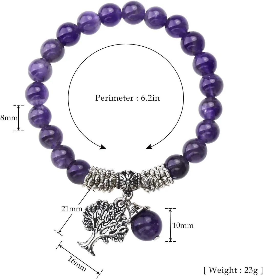 Jovivi 8MM Purple Amethyst Natural Gemstone Life Tree Lucky Charm Stretch Bracelet