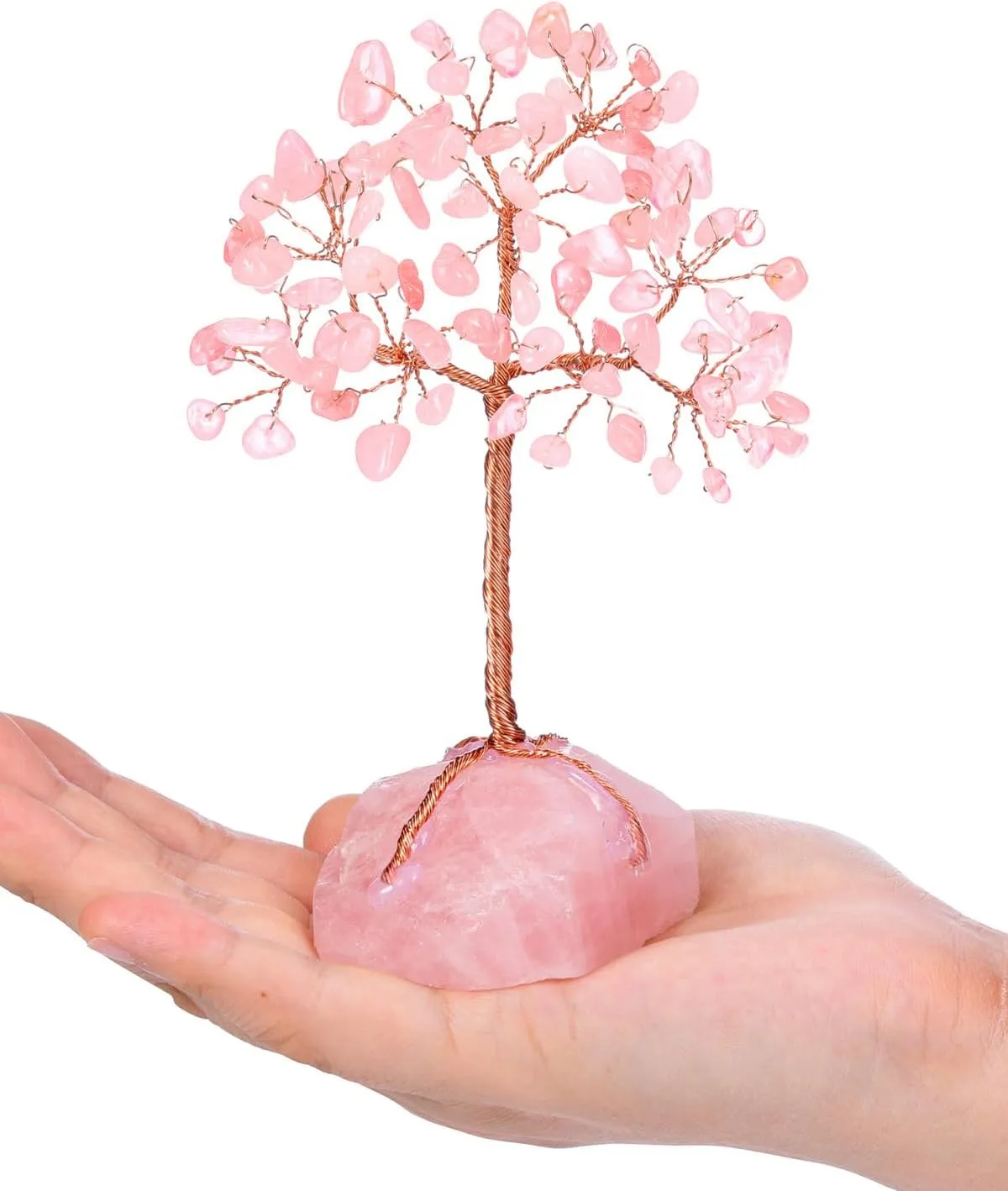 Jovivi Natural Rose Quartz Crystals Tree Rose Quartz Cluster Base Copper Wire Tree Life Healing Crystal Bonsai Money Tree Feng Shui Home Decor for Love, Wealth and Luck 4.72"-5.51"