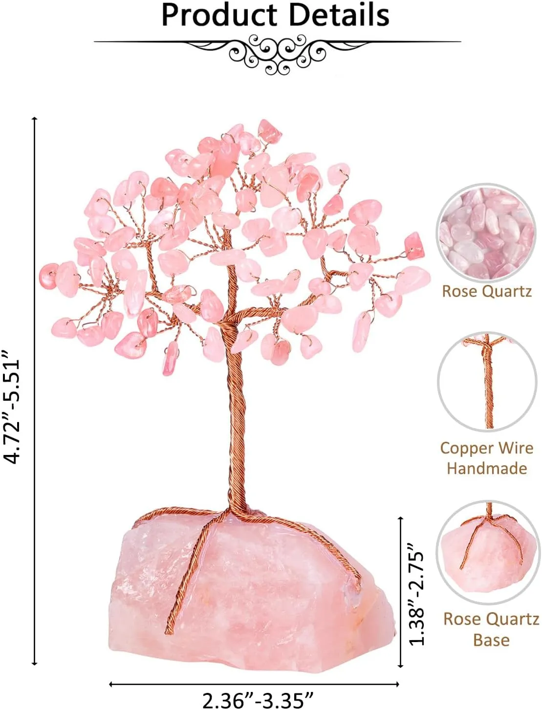 Jovivi Natural Rose Quartz Crystals Tree Rose Quartz Cluster Base Copper Wire Tree Life Healing Crystal Bonsai Money Tree Feng Shui Home Decor for Love, Wealth and Luck 4.72"-5.51"