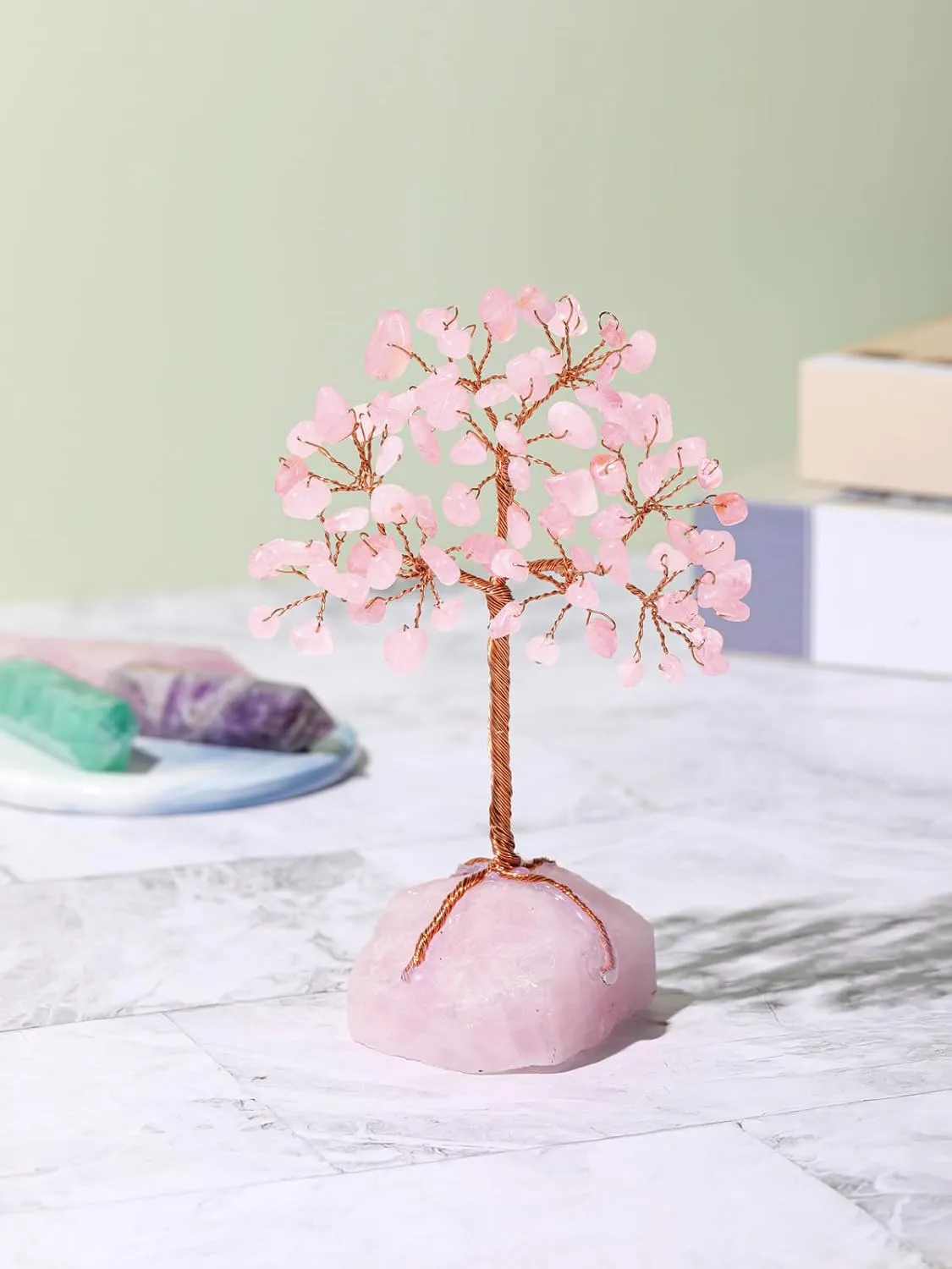 Jovivi Natural Rose Quartz Crystals Tree Rose Quartz Cluster Base Copper Wire Tree Life Healing Crystal Bonsai Money Tree Feng Shui Home Decor for Love, Wealth and Luck 4.72"-5.51"