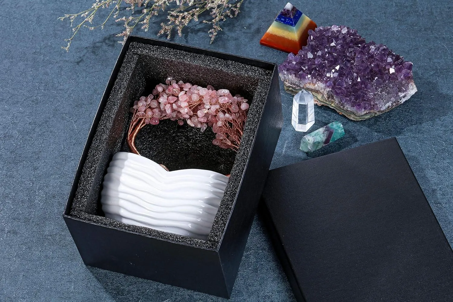Jovivi Rose Quartz Crystal Heart Money Tree Healing Gemstone Bonsai Tree for Wedding Ceremony Reiki Balancing Energy Meditation Feng Shui Wealth & Good Luck Home Indoor Office Decor 7.87"-8.26"