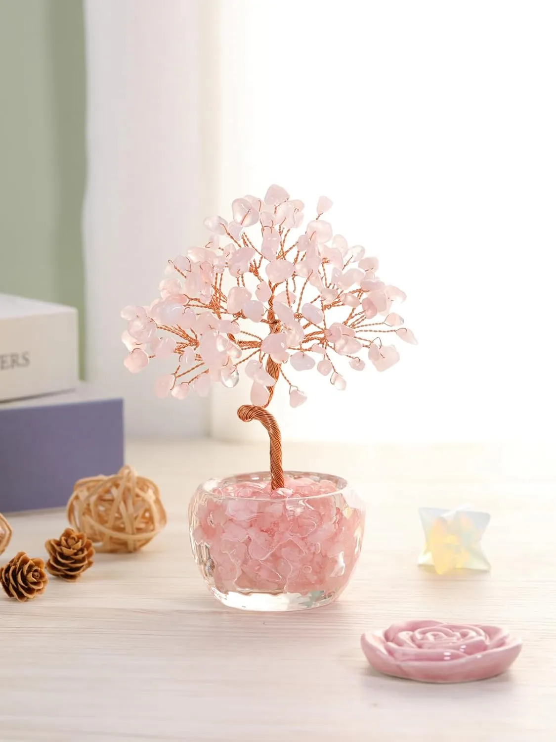 Jovivi Rose Quartz Crystal Trees,Natural Gemstone Bonsai Money Tree of Life Pink Healing Crystals Home Office Desk Decor for Women Birthday Gifts